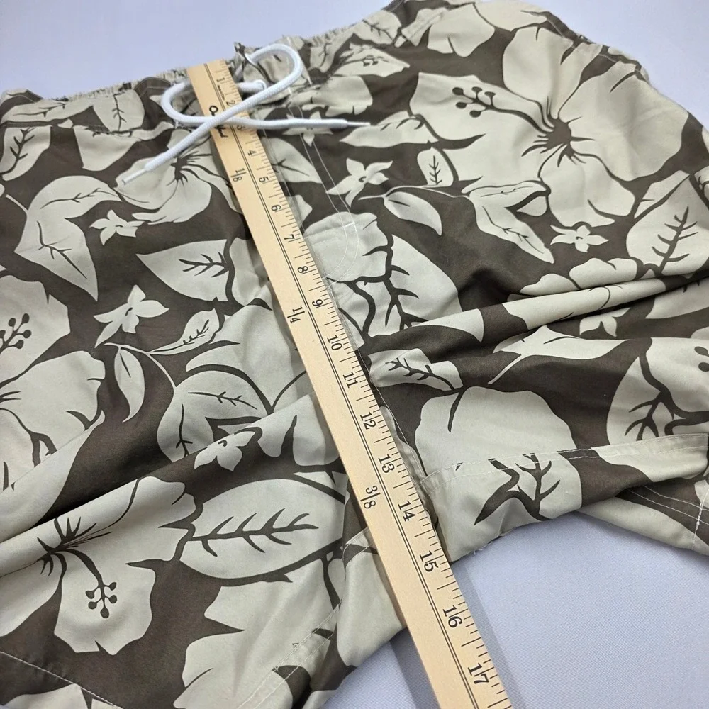 Islander Mens Large Brown Tan Hibiscus Floral Swim Trunks Board Shorts Cargo